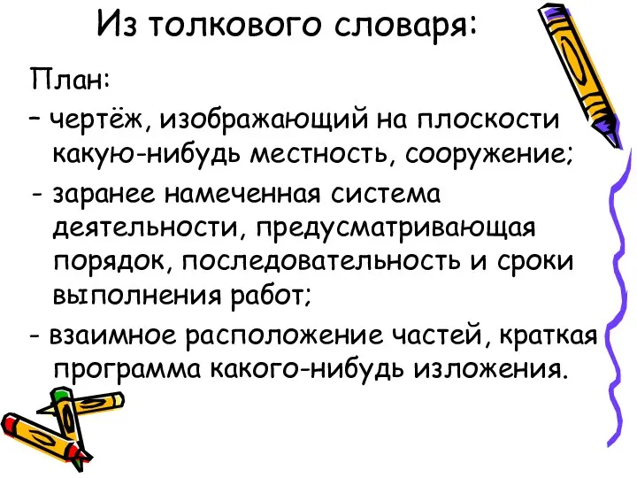 Из толкового словаря: План: – чертёж, изображающий на плоскости какую-нибудь