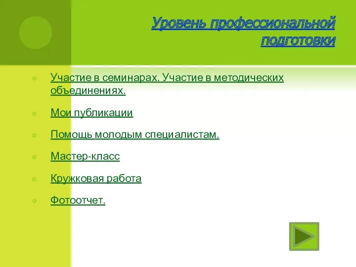 Уровень профессиональной подготовки Участие в семинарах. Участие в методических объединениях.