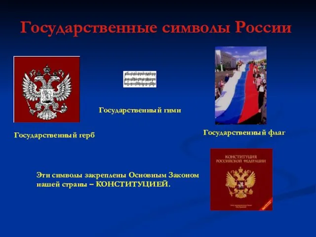 Государственные символы России Государственный герб Государственный флаг Государственный гимн Эти