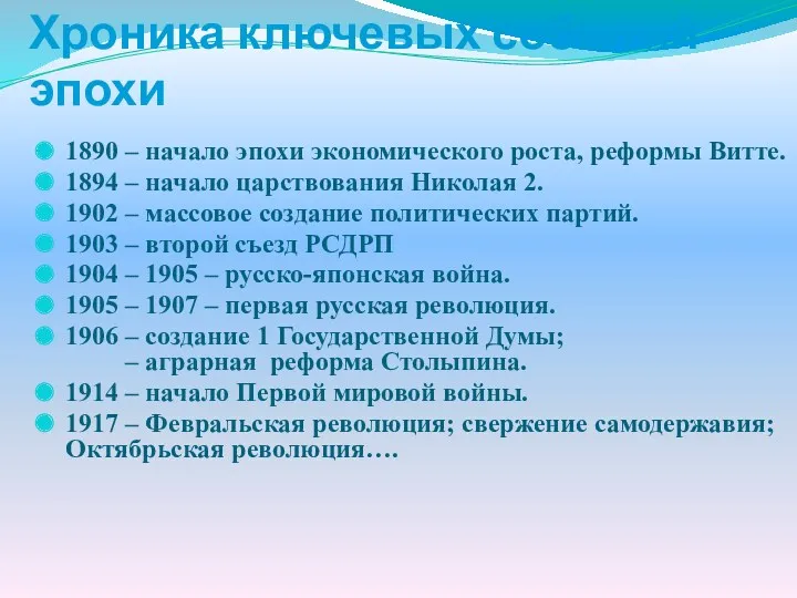 Хроника ключевых событий эпохи 1890 – начало эпохи экономического роста,