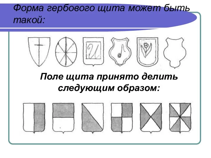 Форма гербового щита может быть такой: Поле щита принято делить следующим образом: