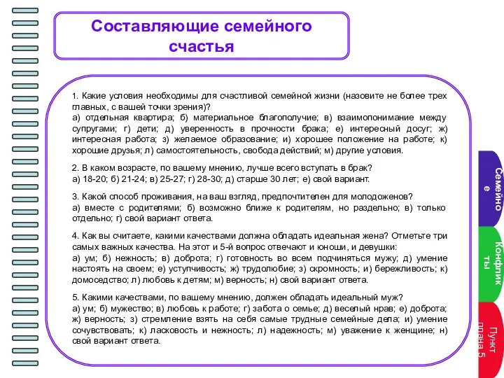 Составляющие семейного счастья 1. Какие условия необходимы для счастливой семейной