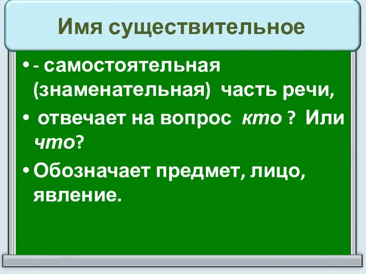 Имя существительное - самостоятельная (знаменательная) часть речи, отвечает на вопрос