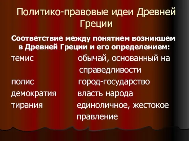 Политико-правовые идеи Древней Греции Соответствие между понятием возникшем в Древней