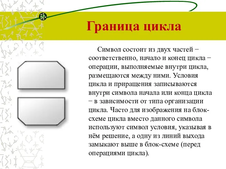 Граница цикла Символ состоит из двух частей − соответственно, начало и конец цикла