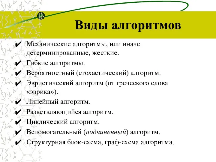 Виды алгоритмов Механические алгоритмы, или иначе детерминированные, жесткие. Гибкие алгоритмы. Вероятностный (стохастический) алгоритм.