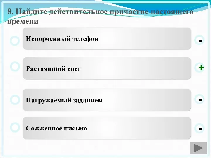 8. Найдите действительное причастие настоящего времени Растаявший снег Нагружаемый заданием