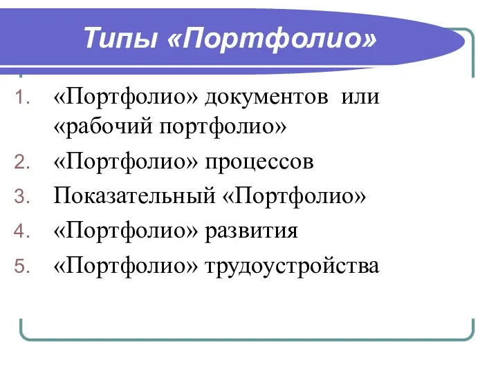 Типы «Портфолио» «Портфолио» документов или «рабочий портфолио» «Портфолио» процессов Показательный «Портфолио» «Портфолио» развития «Портфолио» трудоустройства