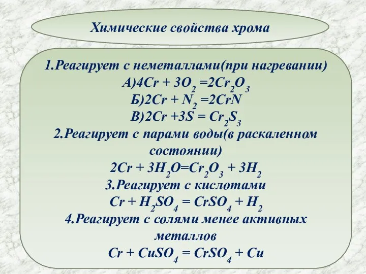 Химические свойства хрома 1.Реагирует с неметаллами(при нагревании) А)4Cr + 3O2