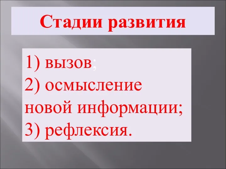 Стадии развития 1) вызов; 2) осмысление новой информации; 3) рефлексия.