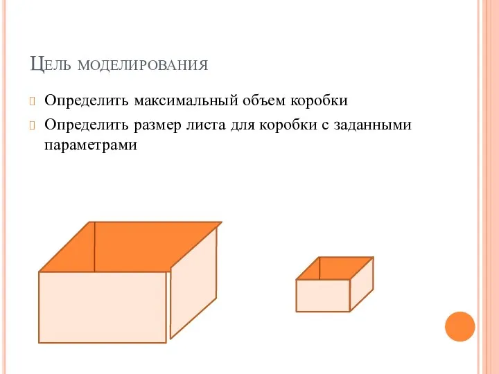 Цель моделирования Определить максимальный объем коробки Определить размер листа для коробки с заданными параметрами