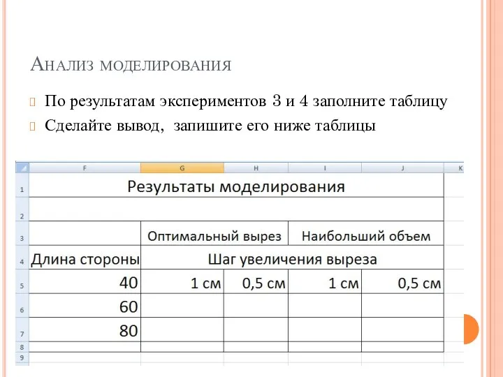 Анализ моделирования По результатам экспериментов 3 и 4 заполните таблицу Сделайте вывод, запишите его ниже таблицы