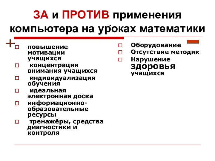 ЗА и ПРОТИВ применения компьютера на уроках математики Оборудование Отсутствие