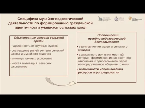 Объективные условия сельской среды: - удалённость от крупных музеев совмещение ролей учителя сельской