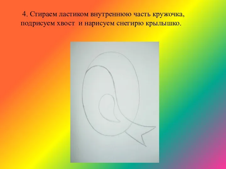 4. Стираем ластиком внутреннюю часть кружочка, подрисуем хвост и нарисуем снегирю крылышко.