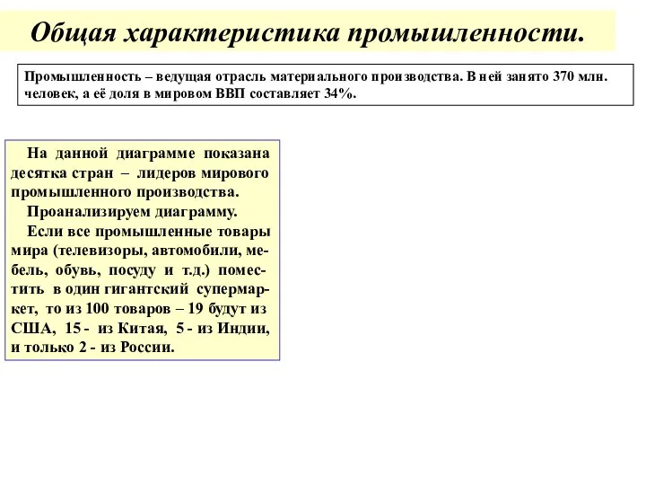 Общая характеристика промышленности. Промышленность – ведущая отрасль материального производства. В