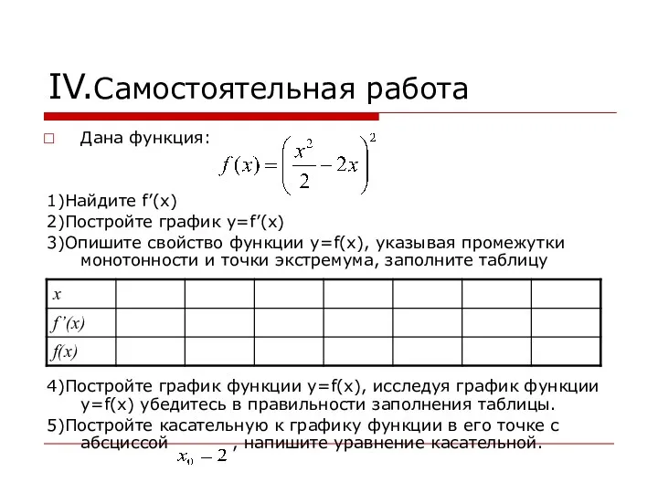 IV.Самостоятельная работа Дана функция: 1)Найдите f’(x) 2)Постройте график y=f’(x) 3)Опишите свойство функции y=f(x),