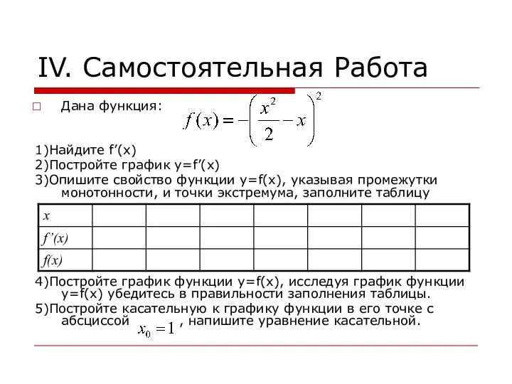 IV. Самостоятельная Работа Дана функция: 1)Найдите f’(x) 2)Постройте график y=f’(x)