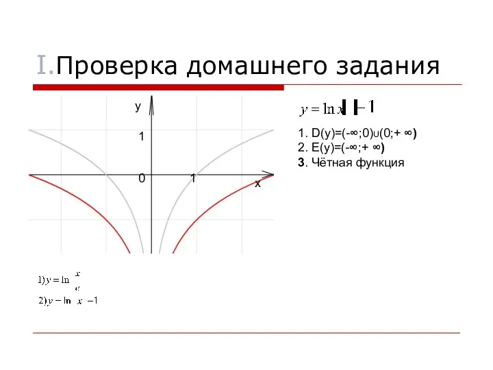 I.Проверка домашнего задания 1. D(y)=(-∞;0)U(0;+ ∞) 2. E(y)=(-∞;+ ∞) 3. Чётная функция 1