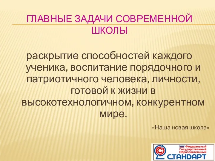 Главные задачи современной школы раскрытие способностей каждого ученика, воспитание порядочного