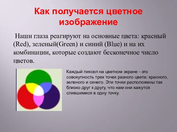 Как получается цветное изображение Наши глаза реагируют на основные цвета: красный (Red), зеленый(Green)
