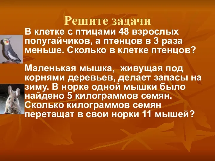 Решите задачи В клетке с птицами 48 взрослых попугайчиков, а