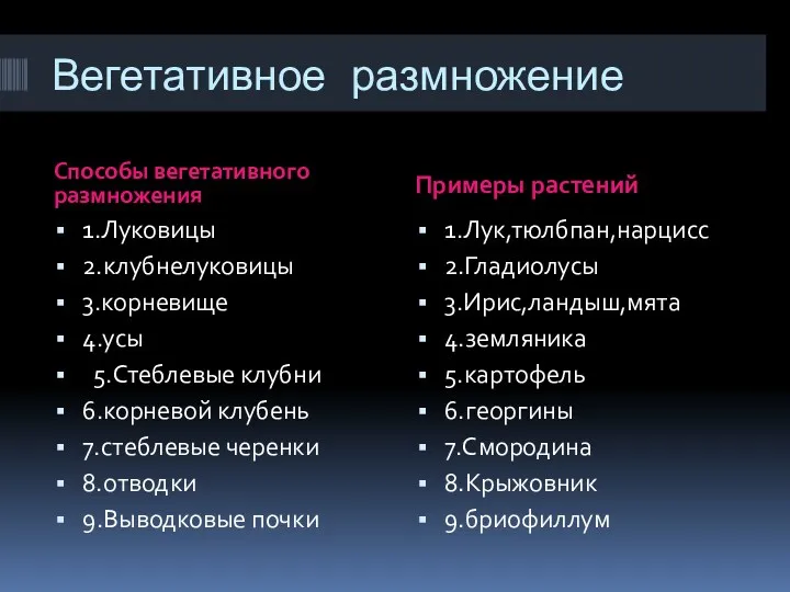 Вегетативное размножение Способы вегетативного размножения Примеры растений 1.Луковицы 2.клубнелуковицы 3.корневище