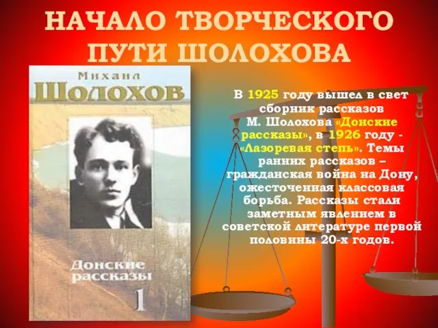 НАЧАЛО ТВОРЧЕСКОГО ПУТИ ШОЛОХОВА В 1925 году вышел в свет