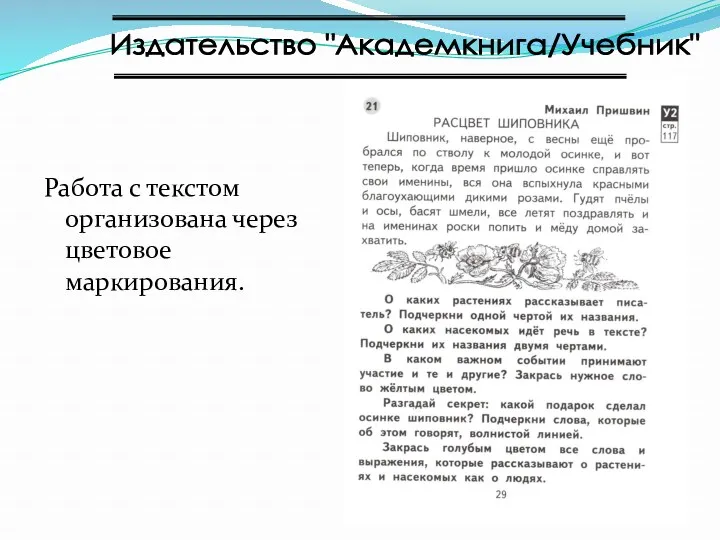 Работа с текстом организована через цветовое маркирования. Издательство "Академкнига/Учебник"