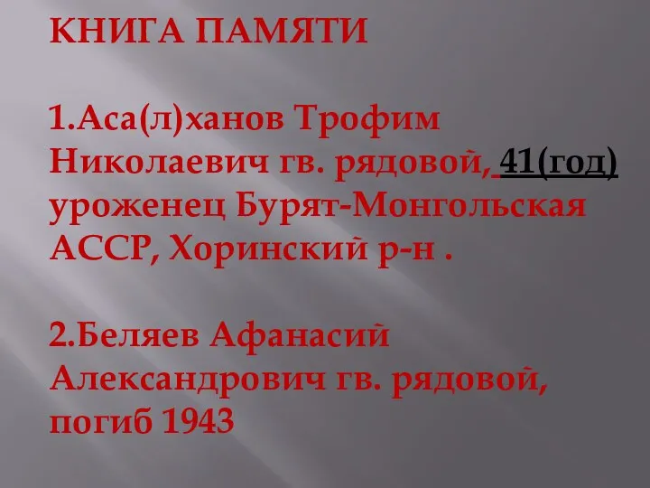 КНИГА ПАМЯТИ 1.Аса(л)ханов Трофим Николаевич гв. рядовой, 41(год) уроженец Бурят-Монгольская