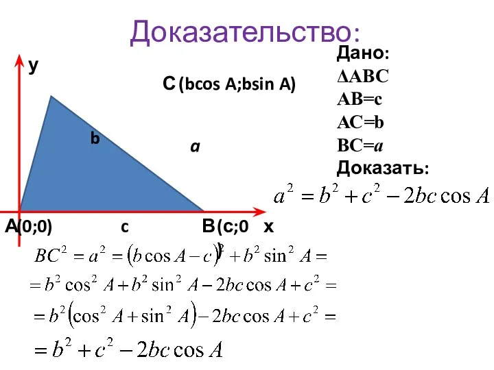 Доказательство: А С В у х (0;0) (с;0) (bcos A;bsin