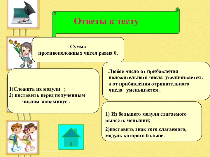 Сумма противоположных чисел равна 0. Любое число от прибавления положительного