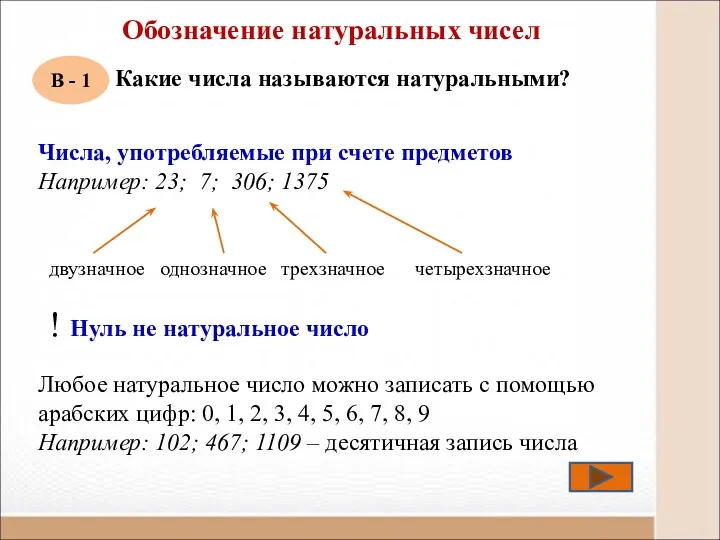 Обозначение натуральных чисел Какие числа называются натуральными? Числа, употребляемые при счете предметов Например: