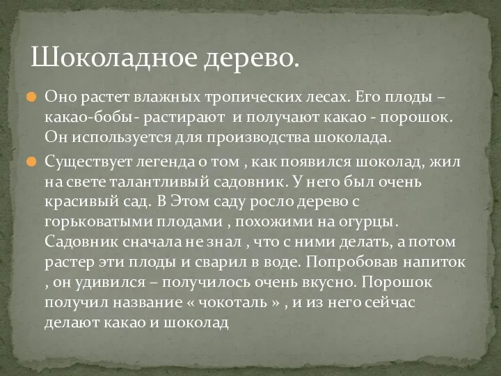 Оно растет влажных тропических лесах. Его плоды – какао-бобы- растирают