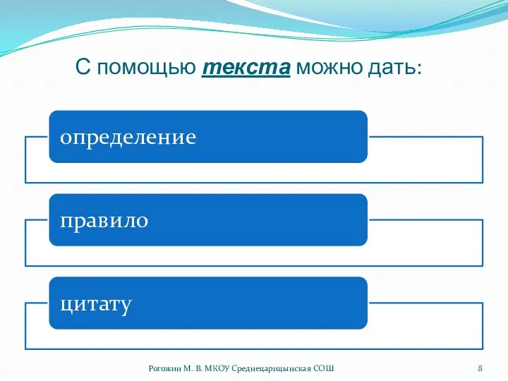 С помощью текста можно дать: Рогожин М. В. МКОУ Среднецарицынская СОШ