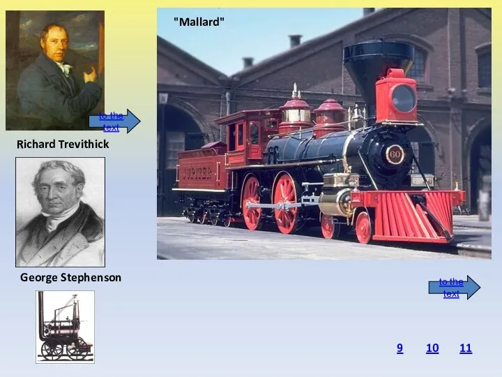 Richard Trevithick George Stephenson "Mallard" 9 10 11 to the text to the text