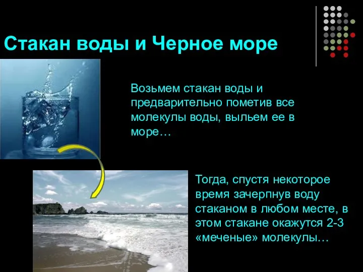 Стакан воды и Черное море Возьмем стакан воды и предварительно пометив все молекулы