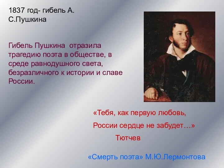 1837 год- гибель А.С.Пушкина «Тебя, как первую любовь, России сердце не забудет…» Тютчев