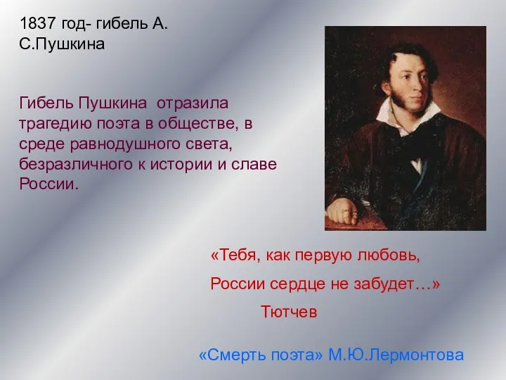 1837 год- гибель А.С.Пушкина «Тебя, как первую любовь, России сердце