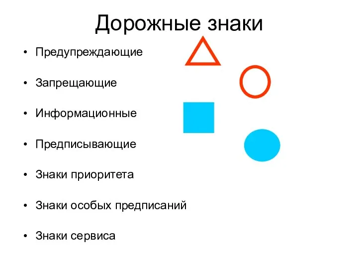 Дорожные знаки Предупреждающие Запрещающие Информационные Предписывающие Знаки приоритета Знаки особых предписаний Знаки сервиса