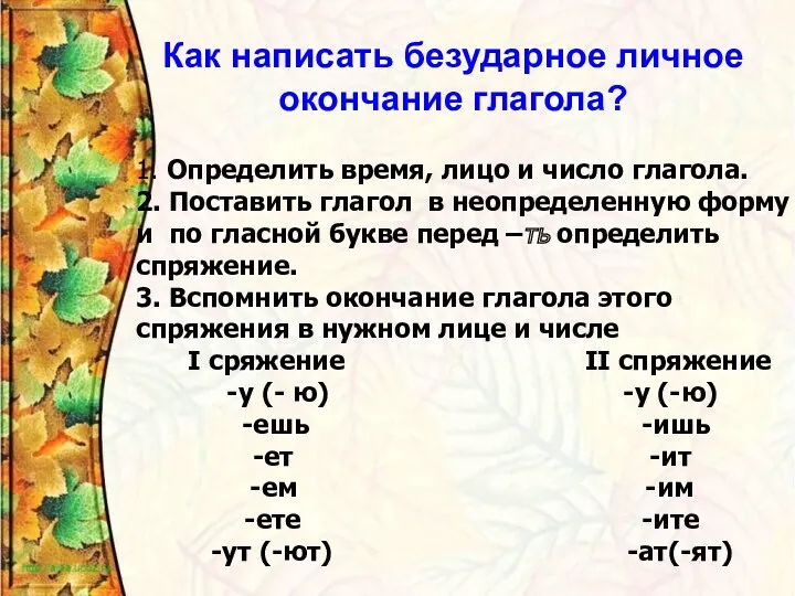 Как написать безударное личное окончание глагола? 1. Определить время, лицо