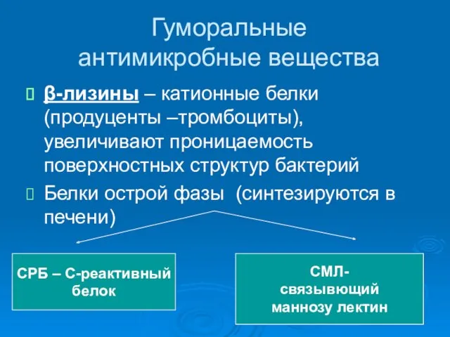 Гуморальные антимикробные вещества β-лизины – катионные белки (продуценты –тромбоциты), увеличивают проницаемость поверхностных структур