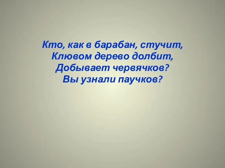 Кто, как в барабан, стучит, Клювом дерево долбит, Добывает червячков? Вы узнали паучков?