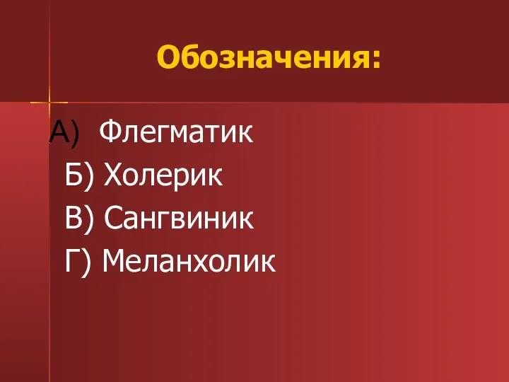 Обозначения: Флегматик Б) Холерик В) Сангвиник Г) Меланхолик