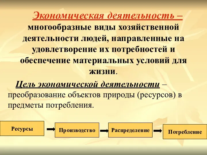 Экономическая деятельность – многообразные виды хозяйственной деятельности людей, направленные на