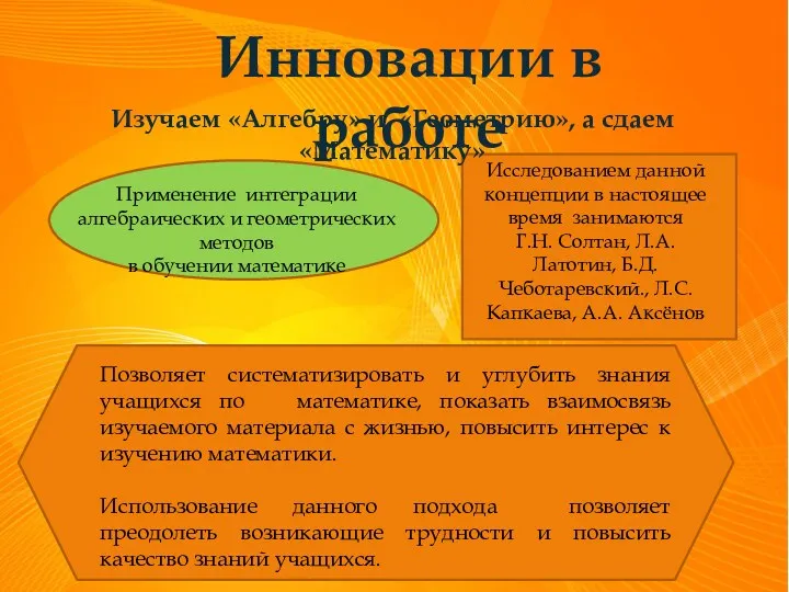 Инновации в работе Применение интеграции алгебраических и геометрических методов в обучении математике Исследованием