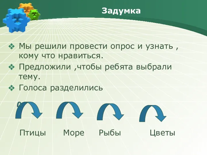 Задумка Мы решили провести опрос и узнать , кому что