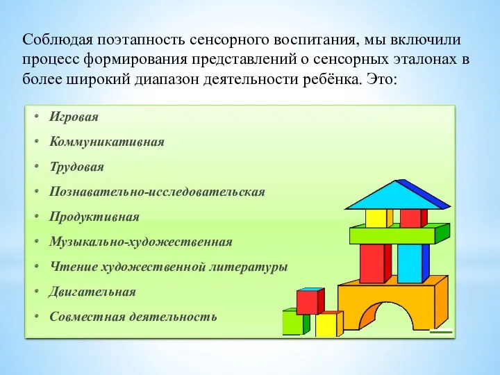 Соблюдая поэтапность сенсорного воспитания, мы включили процесс формирования представлений о