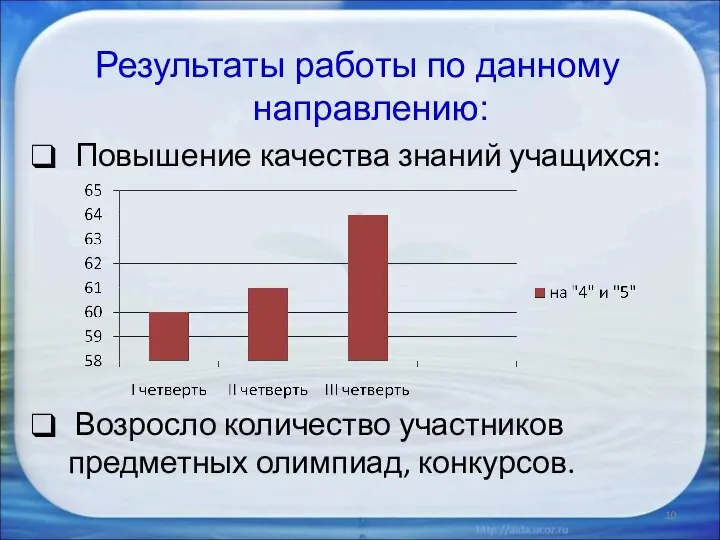 Результаты работы по данному направлению: Повышение качества знаний учащихся: Возросло количество участников предметных олимпиад, конкурсов.