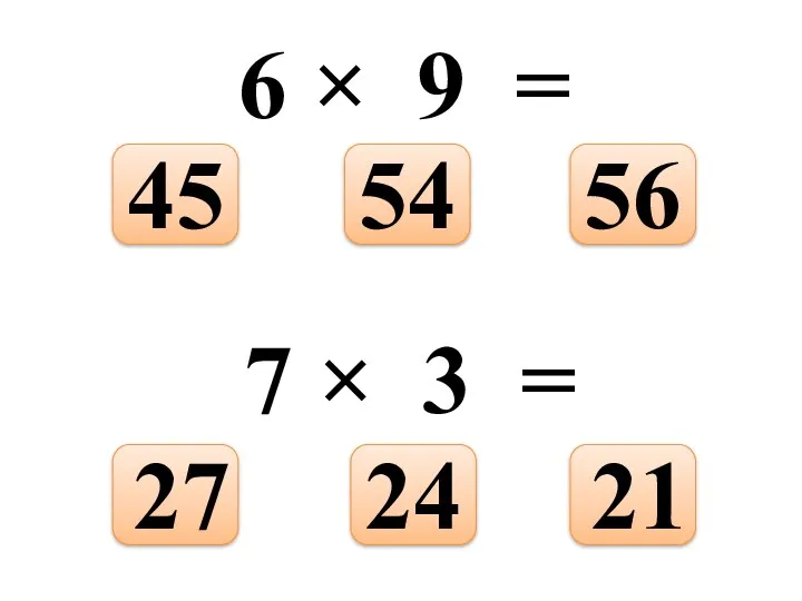 6 × 9 = 56 54 45 7 × 3 = 21 24 27